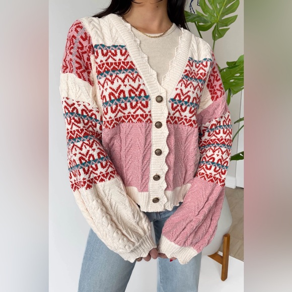 🧣 POL “ Blush Heritage “ Patchwork Cardigan | Pink & White - Picture 2 of 5